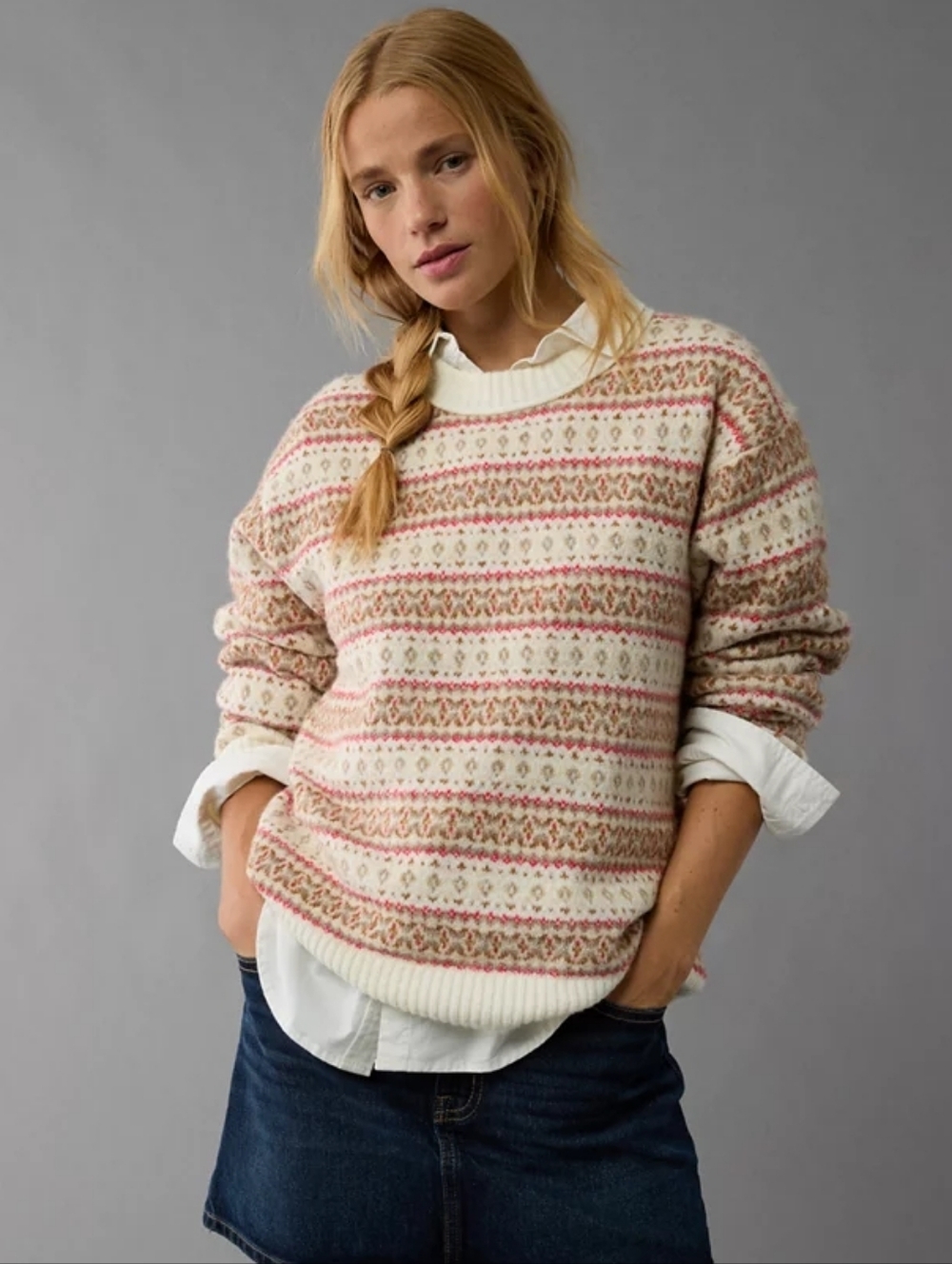 AE 'Whoa So Soft Crew Neck Sweater' – Pink & Cream
